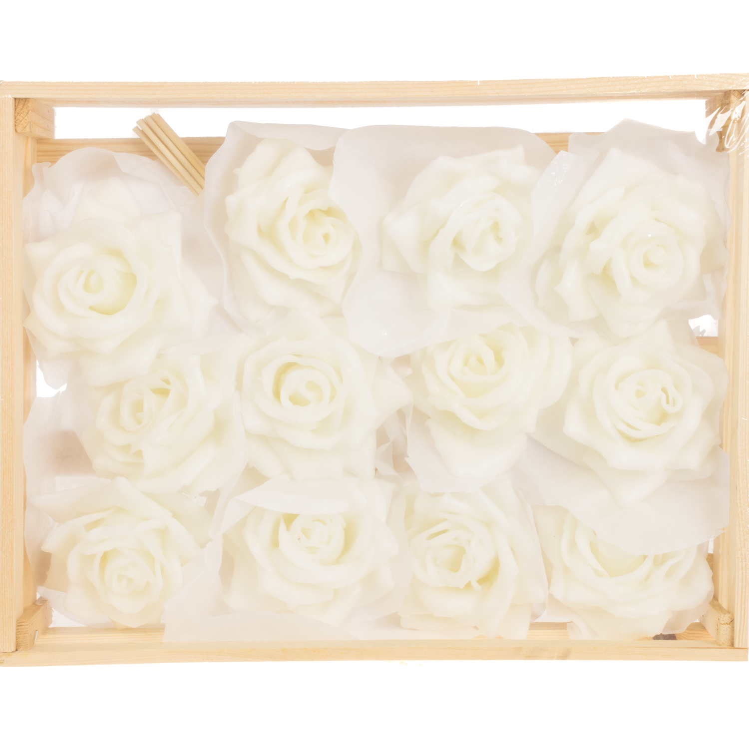 Seiden Wachs Rose im Kiste weiss D10-12cm