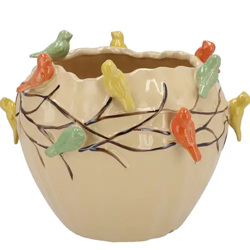 Keramik Übertopf Vogel Sand creme 26x26x20cm
