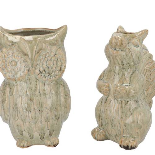 Keramik Vase Eule/Eichhorn mix creme 13x11x19cm