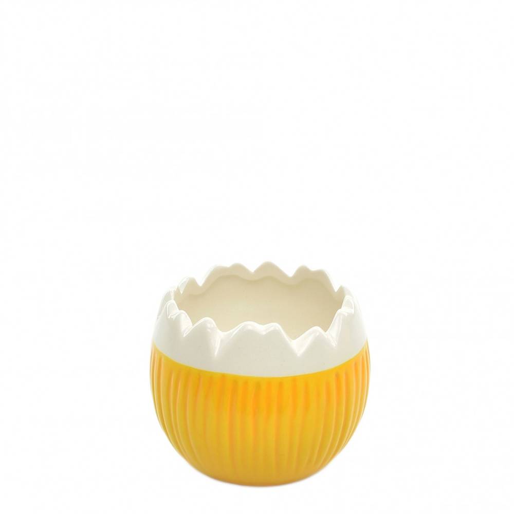 Keramik Übertopf Ei gelb/weiss D08cm H07cm