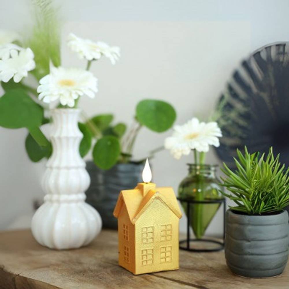 LED Kerze Haus Wachs gold 06x05x12cm 