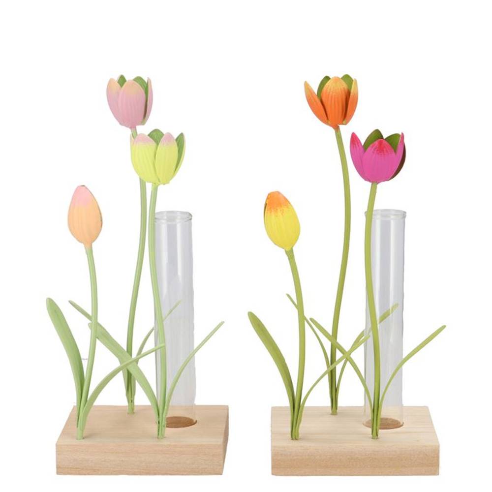 Glas Röhrenflasche auf Holz +Tulpe mix 10x08x23