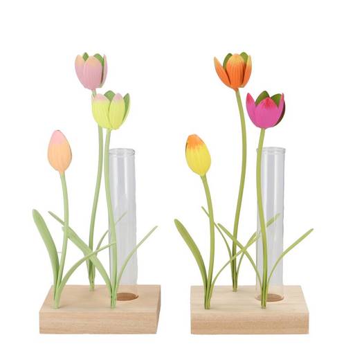 Glas Röhrenflasche auf Holz +Tulpe mix 10x08x23