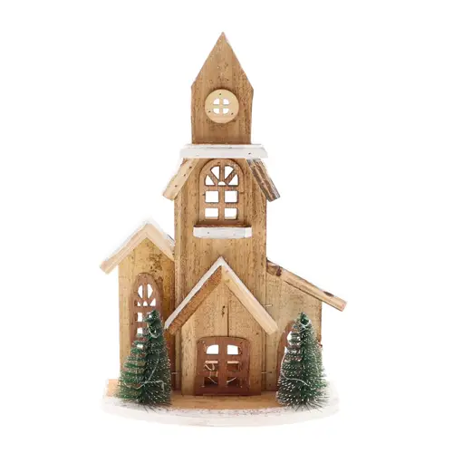 Holz Kirche mit Baum LED 21x09x33cm