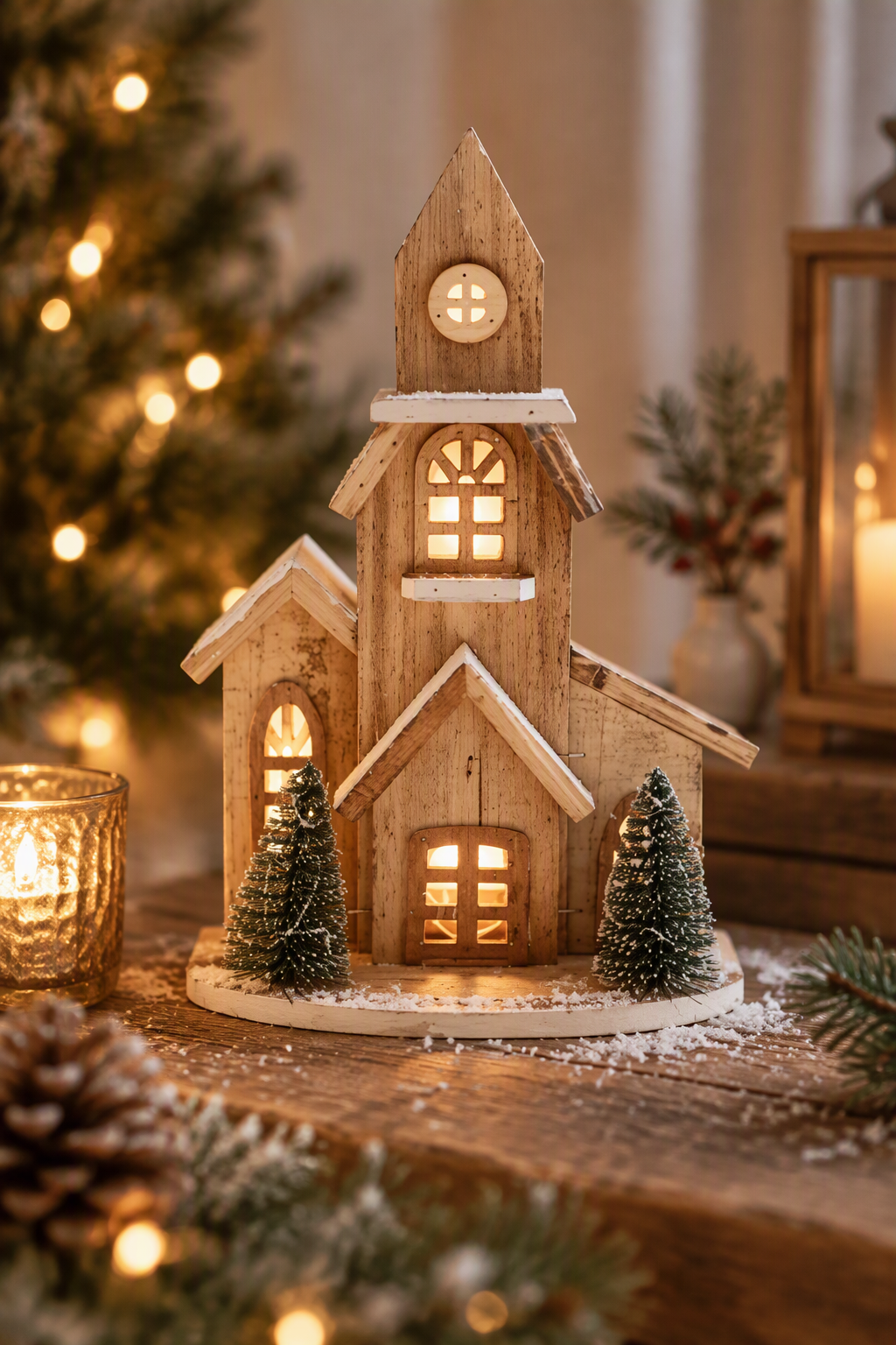 Holz Kirche mit Baum LED 21x09x33cm