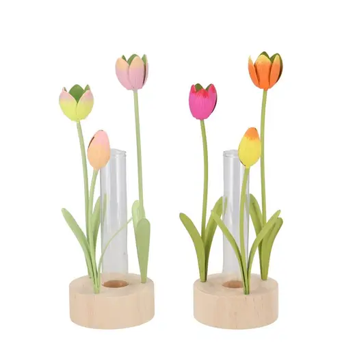 Glas Röhrenflasche auf Holz +Tulpe mix 08x25cm