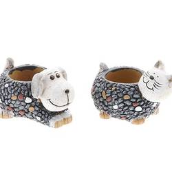 Keramik Übertopf  Katze/Hund grau D15cm H09cm