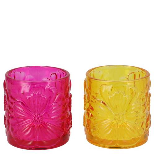 Glas Teelicht Mille Blume mix gelb/fuchsia 09x09x10cm