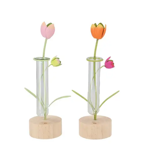 Glas Röhrenflasche auf Holz +Tulpe mix 07x07x23