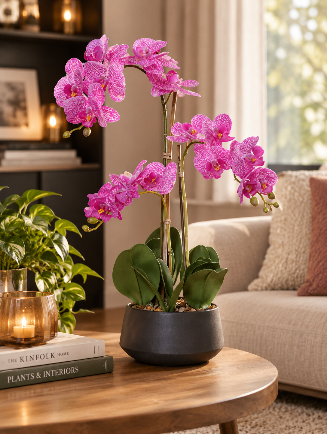Seiden Orchidee fuchsia im Keramiktopf schwarz H58cm