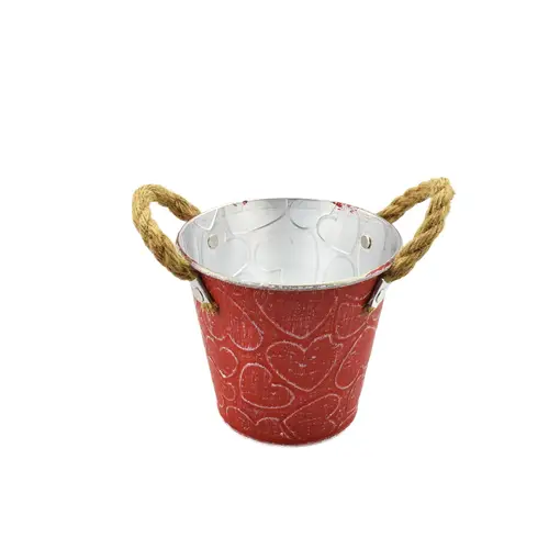 Zink Topf +Tau Henkel Herz rot D13cm H12cm
