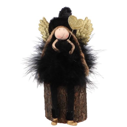 Engel sitzend fluffy schwarz/gold 07x10x15cm