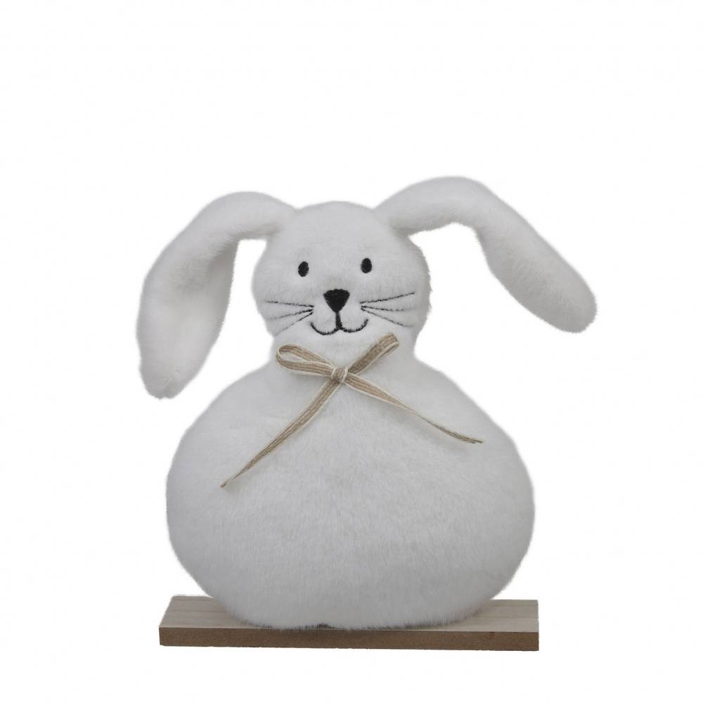 Kaninchen auf Holz Textil weiss D16cm H14.5cm