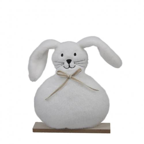 Kaninchen auf Holz Textil weiss D16cm H14.5cm