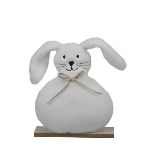 Kaninchen auf Holz Textil weiss D16cm H14.5cm