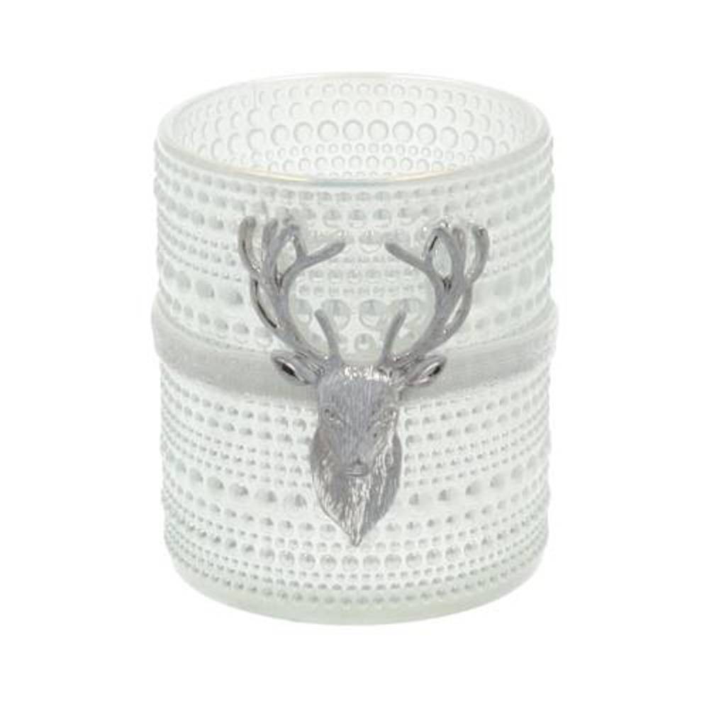 Glas Teelicht Rentier gefrostet D08.5cm H10cm