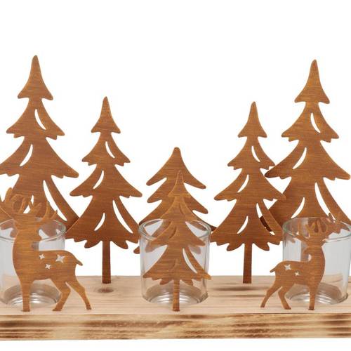 Teelichthalter Metall Rentier/Baum Rost 30x08x20cm