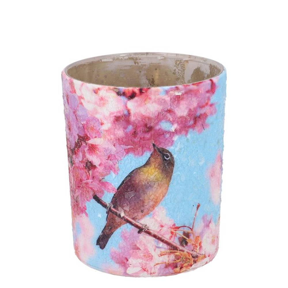 Glas Teelicht April Vogel blau 10x10x12cm
