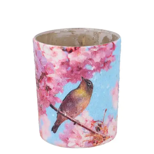 Glas Teelicht April Vogel blau 10x10x12cm