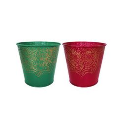 Zink Übertopf grün rot D11.5cm H10.5cm