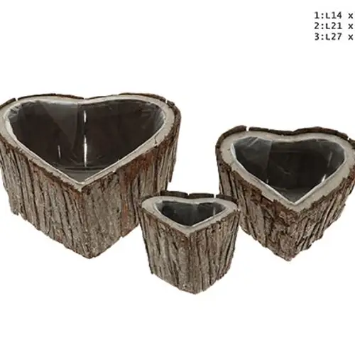 Rinde Übertopf Herz 3/Set natur 27x24x12cm