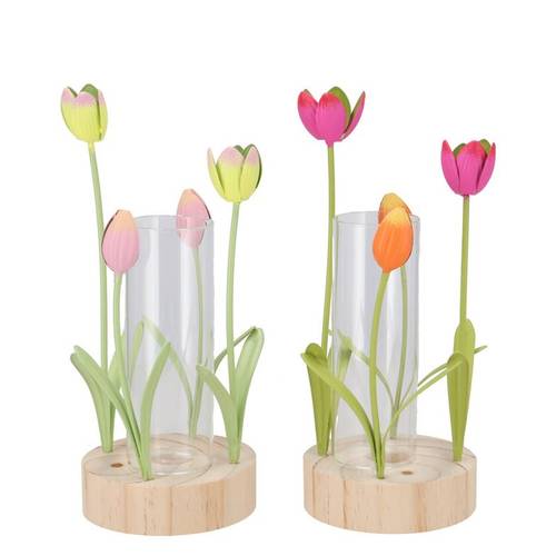 Glas Vase auf Holz +Tulpe mix 10x24cm