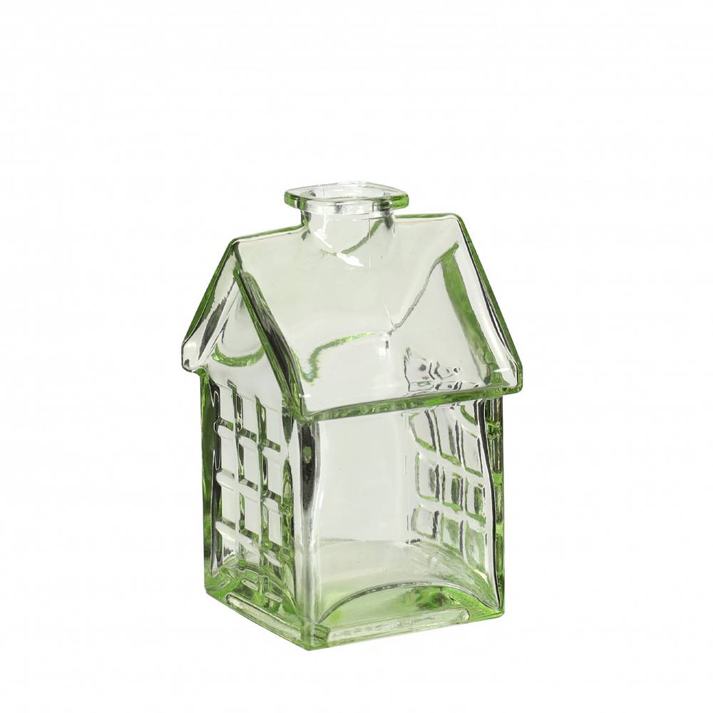 Glas Flasche Haus grün D02/07cm H12cm 
