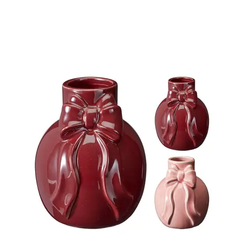 Keramik Vase Schleife weinrot mix D09cm H12cm