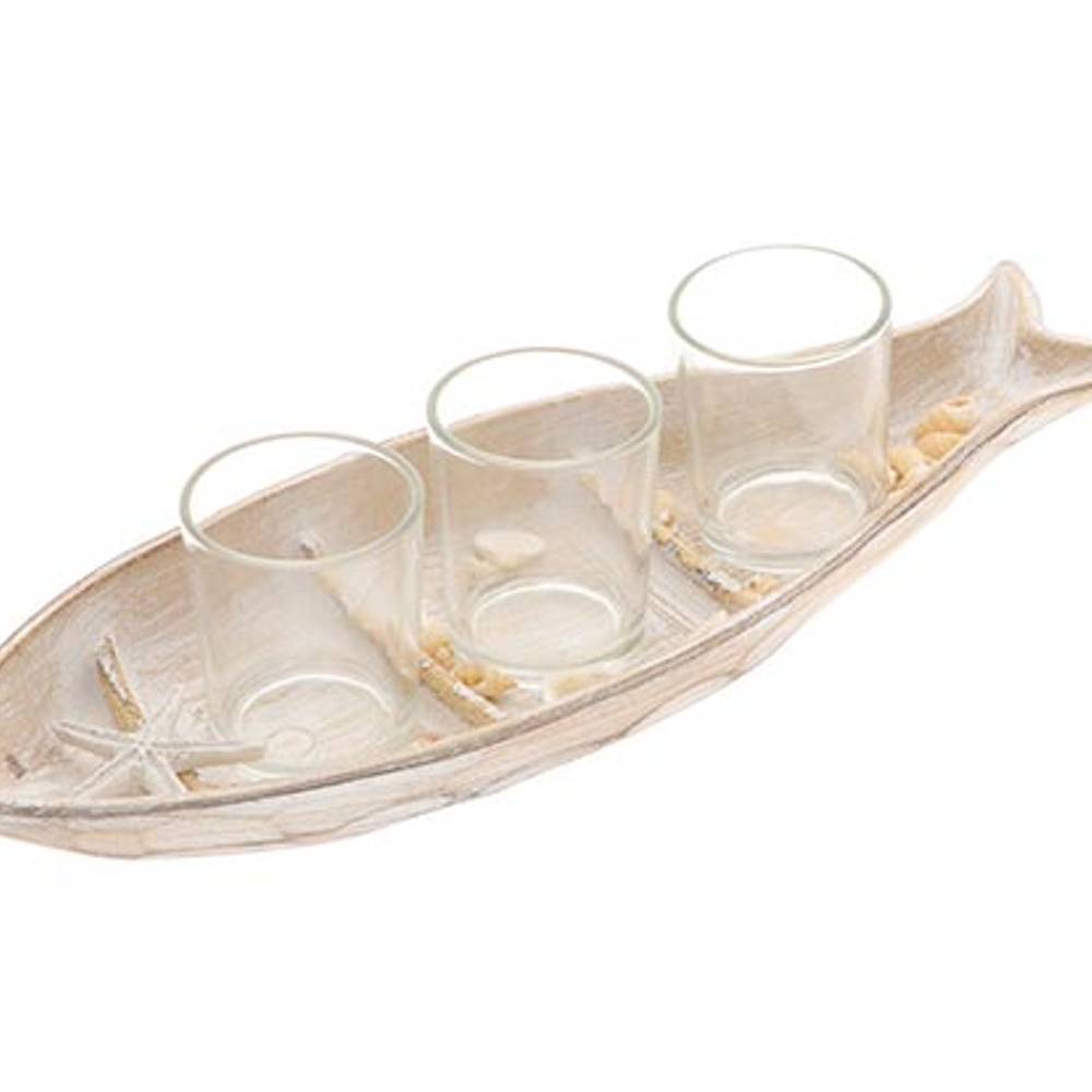 Teelichterhalter Fisch weiss waschen 34x08x12cm