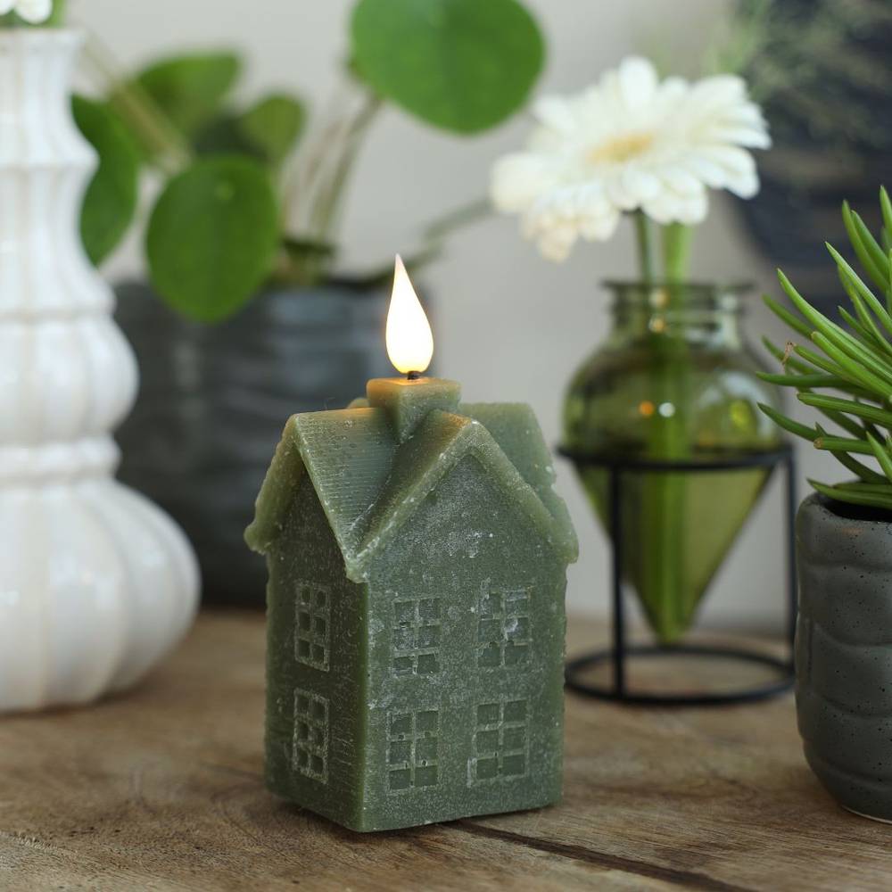 LED Kerze Haus Wachs grün 06x05x12cm