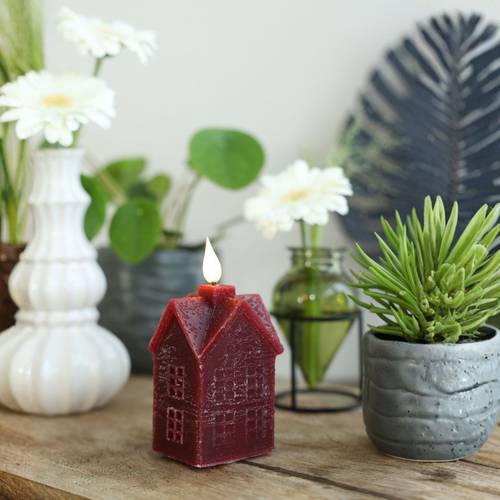 LED Kerze Haus Wachs rot 06x05x12cm