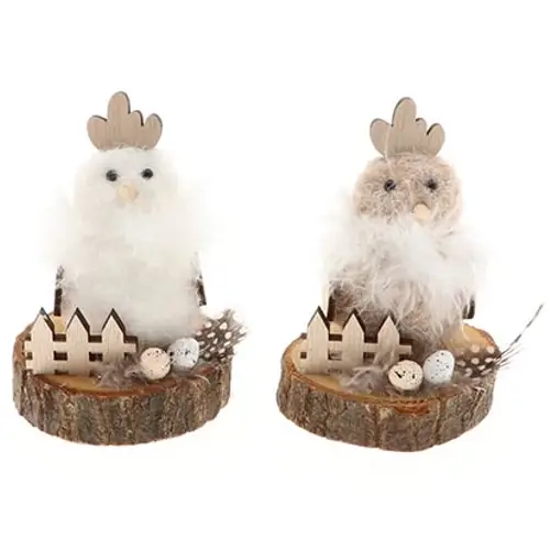 Huhn auf Holz 2/S braun/weiss D07cm H11.5cm