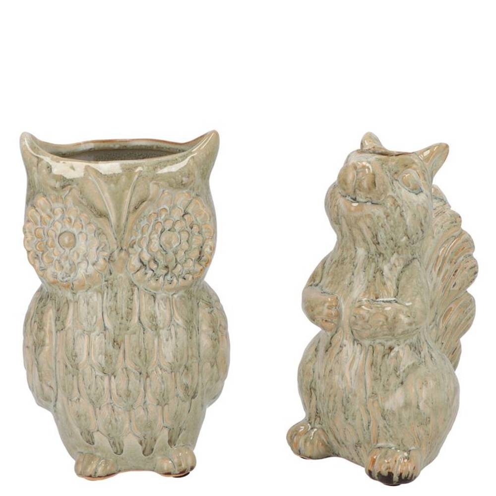 Keramik Vase Eule/Eichhorn mix creme 12×08×16cm