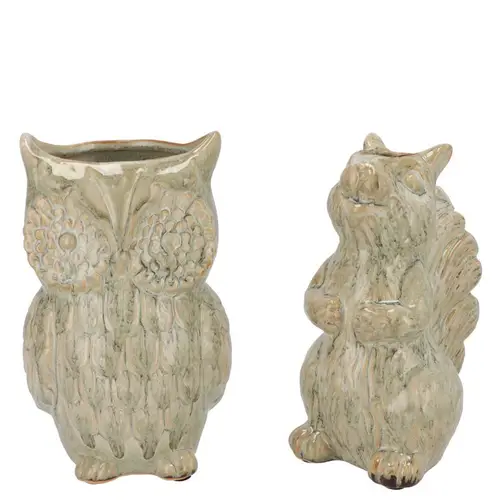 Keramik Vase Eule/Eichhorn mix creme 12×08×16cm