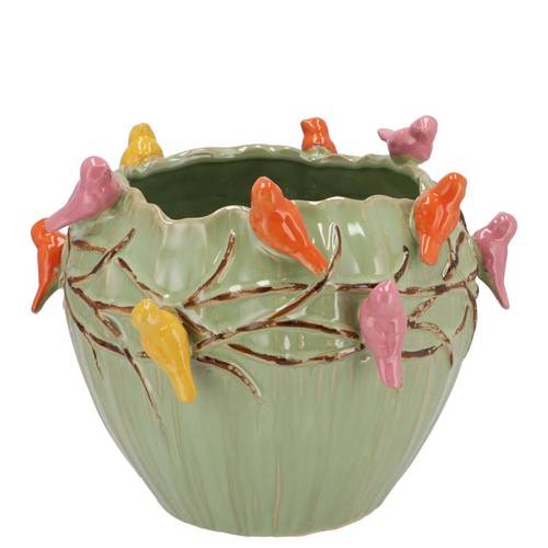 Keramik Übertopf Vogel Pistache grün 19x19x15cm